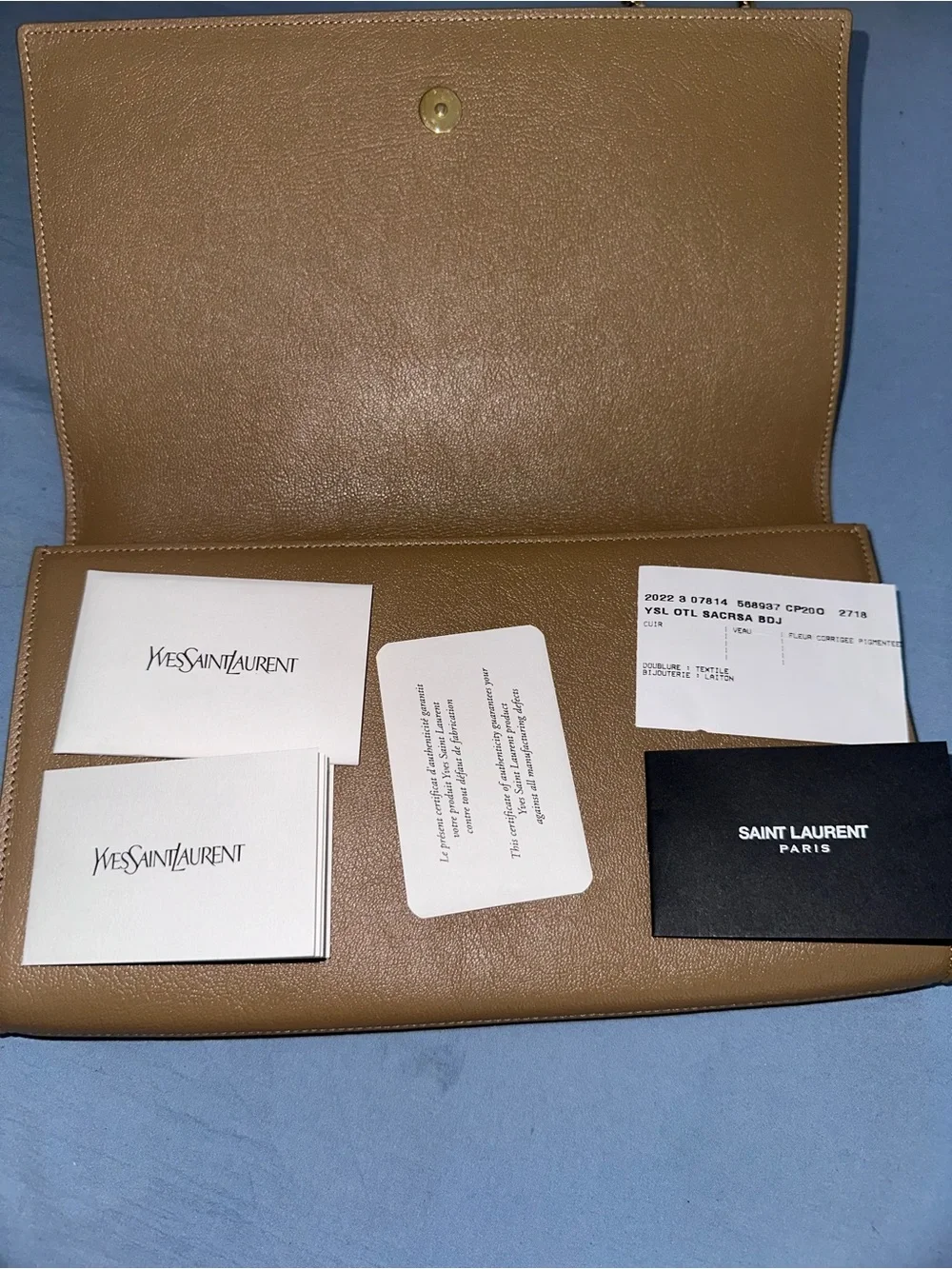 Saint Laurent Beige Leather YSL Embossed Envelope Wallet